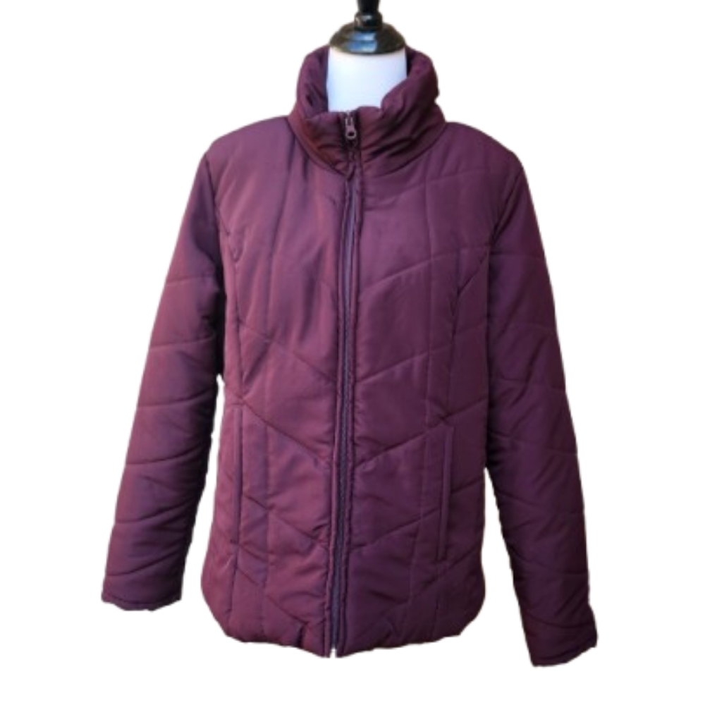 NY & Company Purple Zip-Up Coat Puff High Neck Pockets Solid
